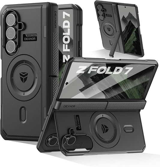 Dexnor Magnetic for Samsung Galaxy Z Fold 7 Case with Dual Kickstands & Front Screen Protector & Hinge Protection, Compatible with MagSafe, Full-Body Rugged Protective Cover Bumper Cases,6.5" Black