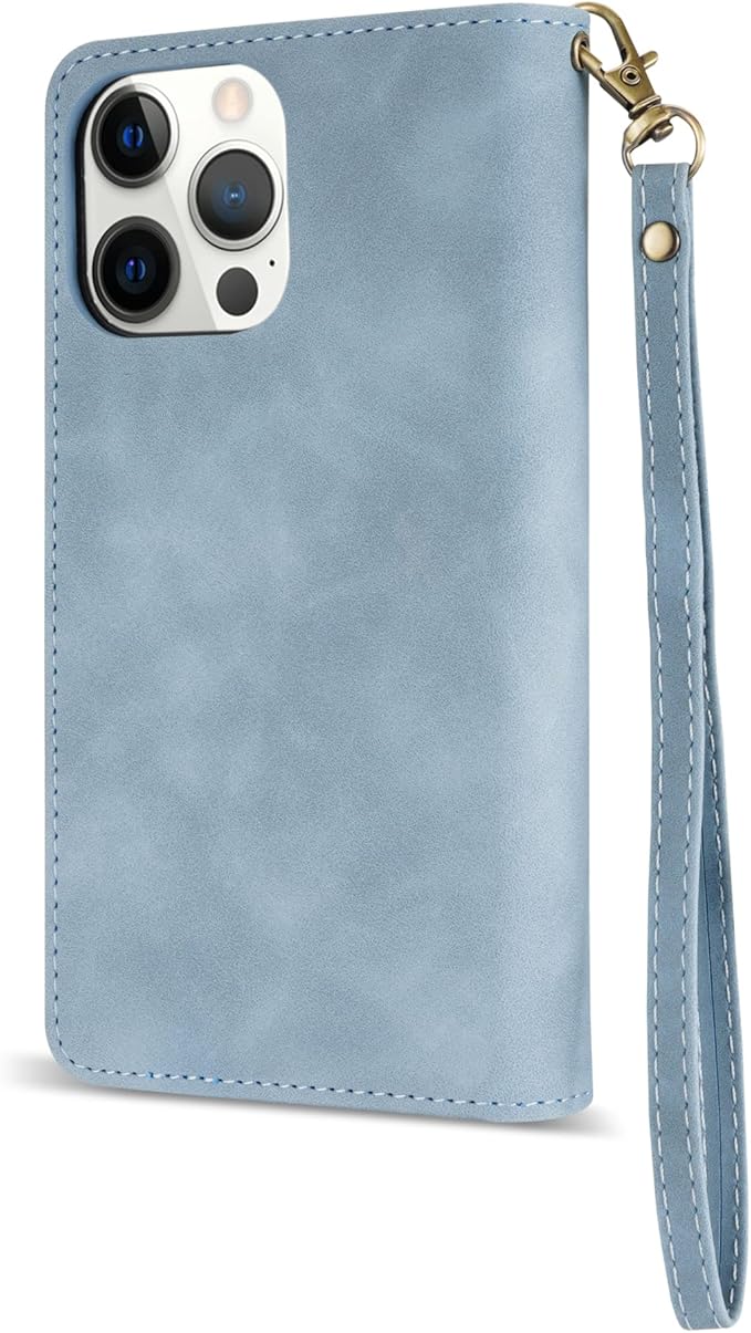 ZZXX for iPhone 14 Pro Max Case Wallet with [RFID Blocking] Card Slot PU Leather Zipper Flip Folio with Wrist Strap Kickstand Protective Cover for iPhone 14 Pro Max Wallet Case(Light Blue-6.7 inch)