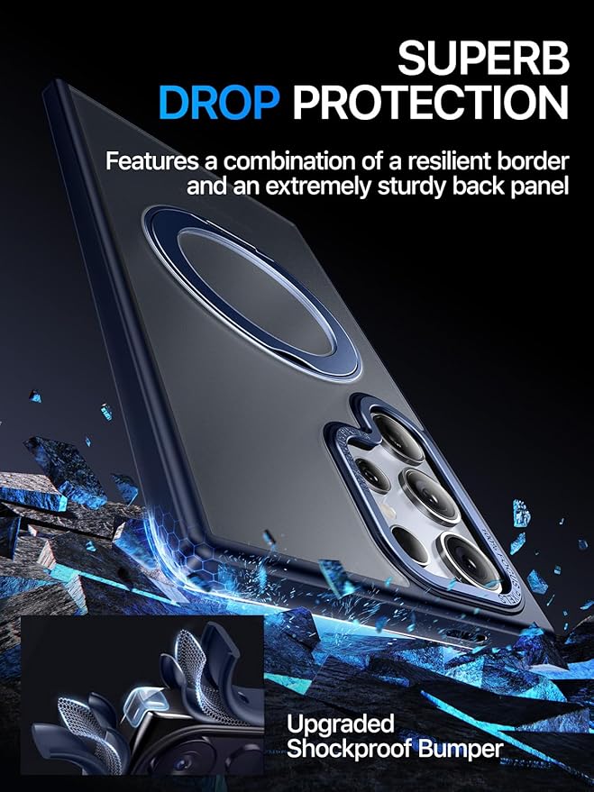 QTlier for Samsung Galaxy S24 Ultra Case, 360° Rotatable Magnetic Ring Stand Case, [Military-Grade Protection] [Raised Camera Frame] Case for Samsung Galaxy S24 Ultra, Matte Translucent Blue