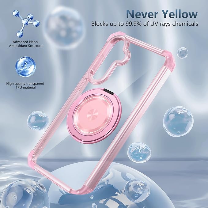 for Samsung Galaxy S24 Case Magnetic Compatible with MagSafe Wireless Charging,with 360°Kickstand Ring,for S24 Phone Case with Screen Protector, Military Grade Drop Protection Shockproof Pink