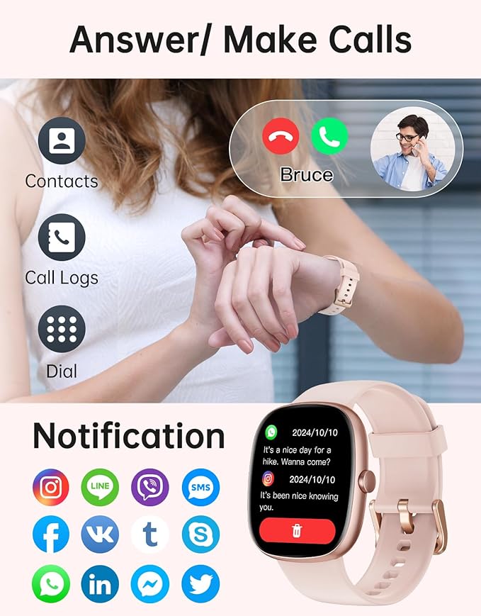 HUAKUA Smart Watches for Women Men (Answer/Make Calls), 1,85" HD Smart Watch for iPhone/Android Phones, Fitness Tracker with 100+ Sport Heart Rate/Sleep Monitor Pedometer IP68 Waterproof (Pink)