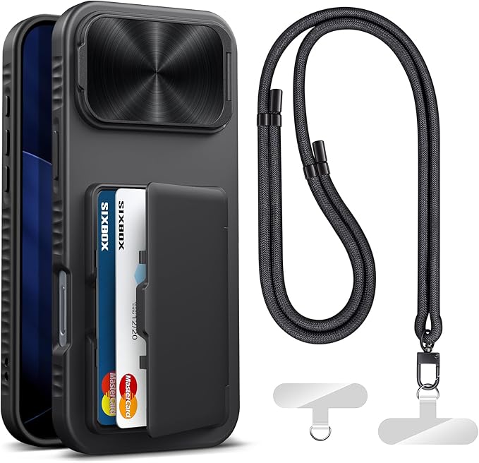 for iPhone 17 Pro Max Case Wallet with Stand & Phone Lanyard Crossbody (2X Phone Tabs) & Card Holder & Camera Cover, Military Grade Drop Protection Phone Case for iPhone 17 Pro Max 2025, Black