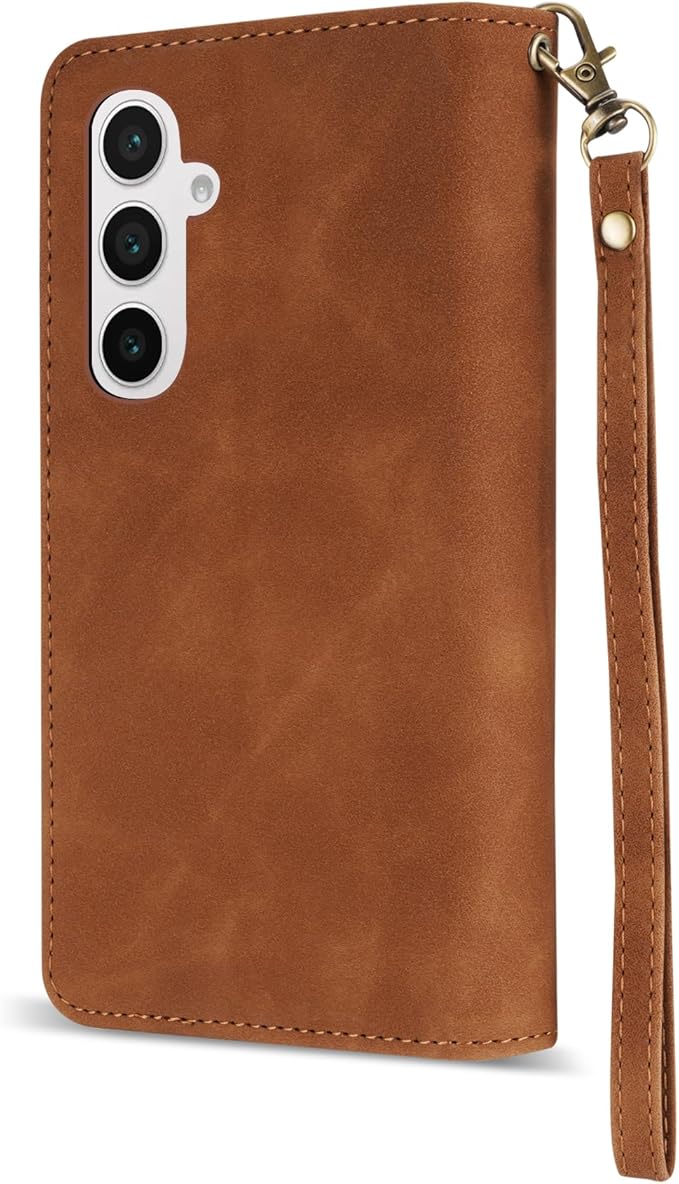 ZZXX for Samsung Galaxy S24 FE Wallet Case with RFID Blocking Card Slot PU Leather Zipper Flip Folio with Strap Kickstand Protective Cover for Samsung Galaxy S24 FE Case Wallet(Brown-6.7 inch)