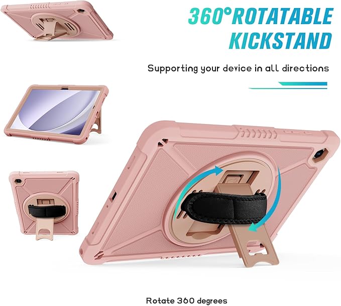 ZtotopCases for Samsung Galaxy Tab A9+ / A9 Plus 11'' 2023 (SM-X210/X216/X218), Shockproof Hard Duty Case with Screen Protector+360 Rotating Hand Strap&Stand+Shoulder Strap for Tab A9+ Tablet, Pink
