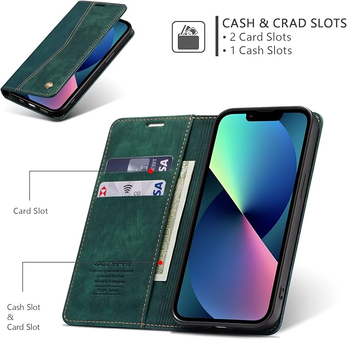 QLTYPRI Case for iPhone 16e, Vintage PU Leather Wallet Case Card Slot Kickstand Magnetic Closure Shockproof Flip Folio Cover for iPhone 16e - Retro Dark Green