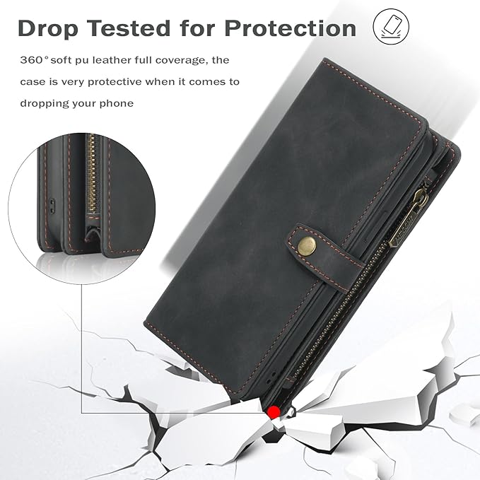 TwoHead Phone Case Wallet Compatible with Samsung Galaxy S24 Plus | Card Holder, Detachable, Magnetic, PU Leather, All-Round Protective, Phone Case Wallet, Wrist Strap,Black