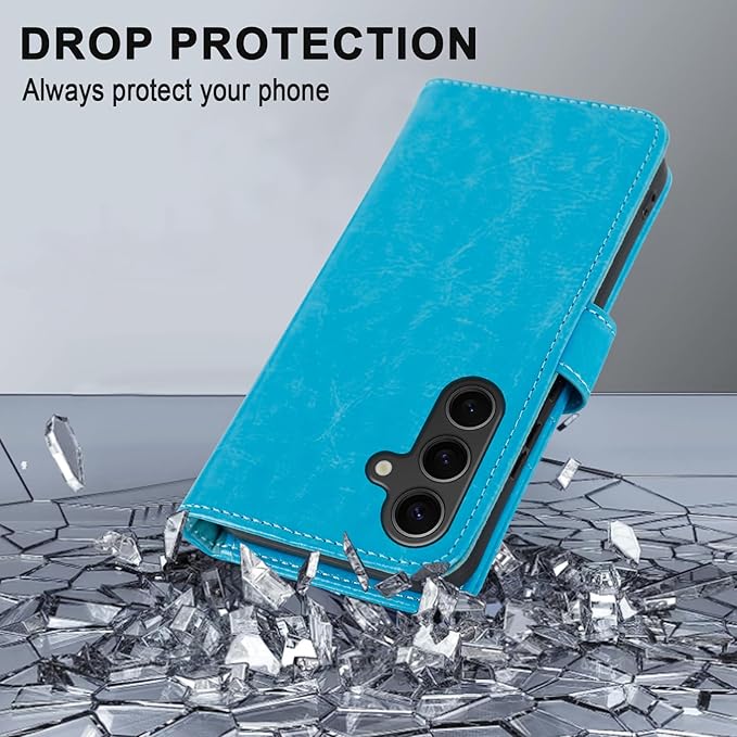 MONASAY Wallet Case Fit for Samsung Galaxy S24 5G, [Lens & Glass Screen Protector Included] [RFID Blocking] Flip Folio Leather Cell Phone Cover with Credit Card Holder, 6.2 inch, Light Blue