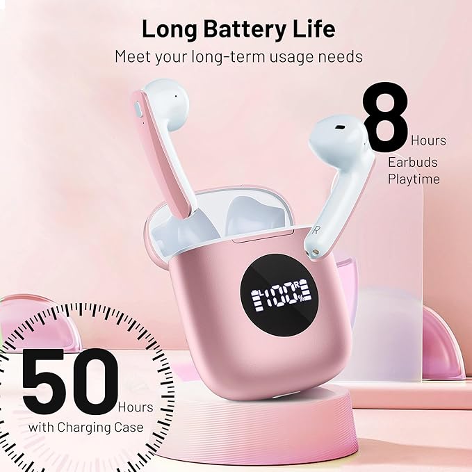 Wireless Earbuds, Bluetooth Headphones Stereo Ear Buds with Noise Cancelling Mic, 50H Playback with LED Display Charging Case, IP7 Waterproof in-Ear Earphones for Phone Laptop Sports, Pink