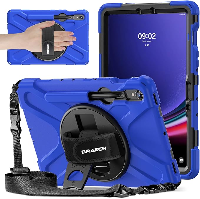 BRAECNstock for Samsung Galaxy Tab S10 Lite/ S10 FE/ S9 FE/ S9/ S8/ S7 5G Case 10.9"/ 11", Shockproof Protective Kids Case with Pencil Holder, Rotating Hand Strap & Stand, Shoulder Strap, Blue