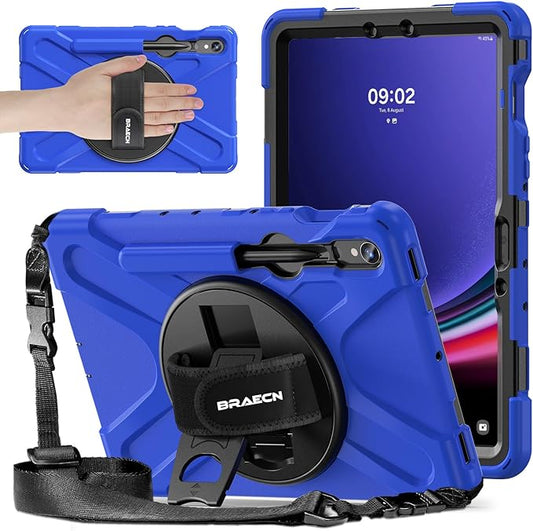 BRAECNstock for Samsung Galaxy Tab S10 Lite/ S10 FE/ S9 FE/ S9/ S8/ S7 5G Case 10.9"/ 11", Shockproof Protective Kids Case with Pencil Holder, Rotating Hand Strap & Stand, Shoulder Strap, Blue