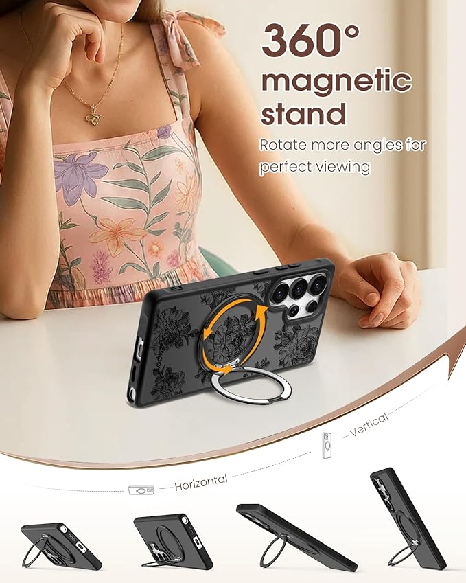 for Samsung Galaxy S25 Ultra Case with 360° Rotatable Magnetic Ring - Compatible with MagSafe, Semi-Transparent Soft-Touch Material Shockproof, Cute Line Art Flower Design for Women Girl