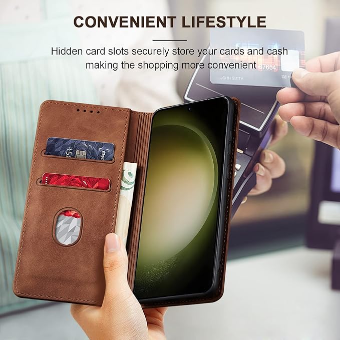 Jasonyu Flip Wallet Case for Samsung Galaxy S23 5G,Leather Magnetic Folio Cover with Card Holder,Kickstand - TPU Shockproof Durable Protective Phone Case,Brown