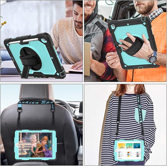 SEYMAC stock Case for iPad 9th/ 8th/ 7th Generation 10.2'', Shockproof with Screen Protector, Pencil Holder [360° Rotating Hand Strap] & Stand, for iPad 10.2 inch 2021-2019 (SkyBlue+Black)