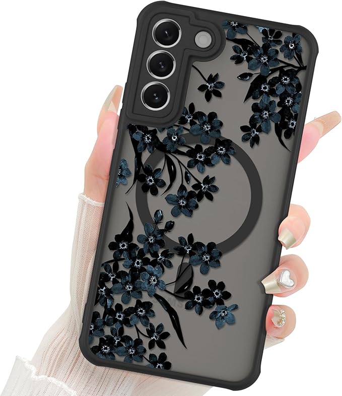 Fiyart Designed for Samsung Galaxy S21 Plus Case Matte Flowers Design Compatible with MagSafe Wireless Charging,Cute Floral Anti-Scratch Translucent Phone Cover for Women Girls 6.7"-Black