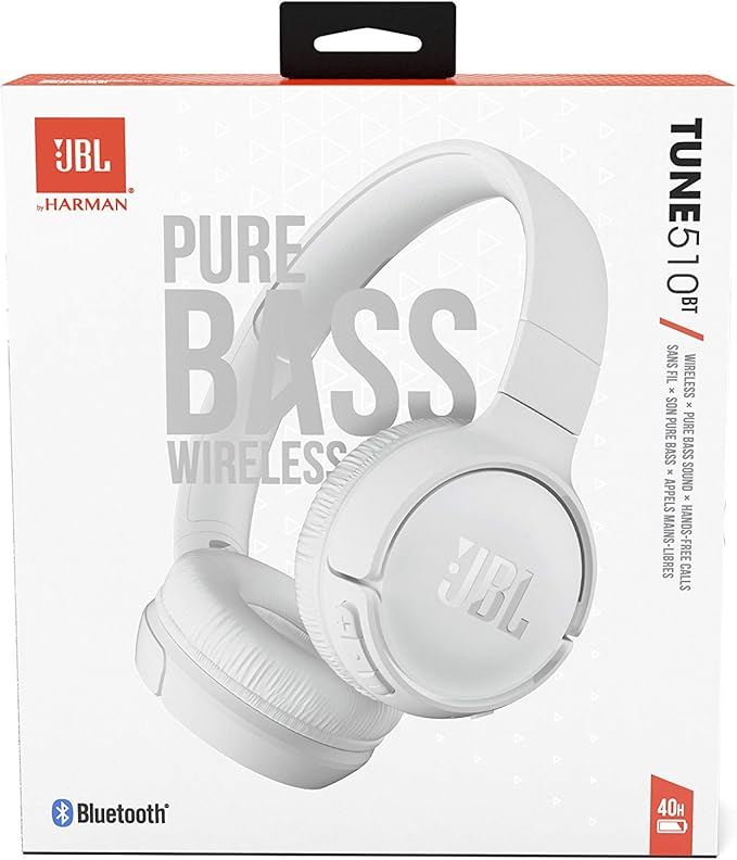 JBL Tune 510BT - Bluetooth headphones with up to 40 hours battery, microphone for call, foldable and comfortable, Android and iOs compatible (White)