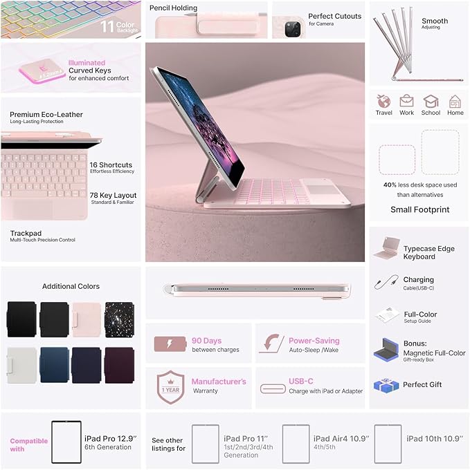 typecase Keyboard Case for iPad Air 13(M3 2025 / M2 2024) and iPad Pro 12.9（6th/5th//4th/3rd Gen,Magic Keyboard with 11-Colors Backlight,Built-in Trackpad,Pencil Holder,Light & Thin,Peach Pink
