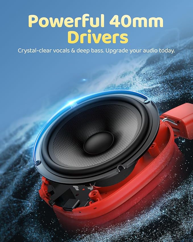 Kids Bluetooth Headphones, Over-Ear Wireless Headphones with Microphone, Safe-Volume 85dBA, Bluetooth 5.4, Foldable Lightweight and Comfortable, 50H Playtime, USB-C Charging, Red