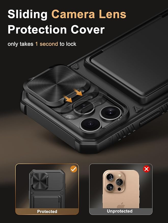 Vihibii for iPhone 16 Pro Max Case with Crossbody Lanyard Strap, Built-in Card Holder (4 Cards) [RFID Blocking] & Slide Camera Cover, Military Grade Drop Protection, Hard Back & Soft Edge Case, Black