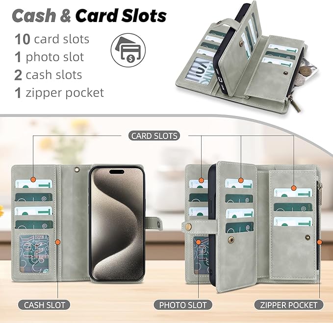 TwoHead Wallet Case Compatible with iPhone 15 Pro Max,Detachable Magnetic Phone Case,All-Round Shockproof Protective Leather Phone Case with Card Holder,6.7 in,Gray