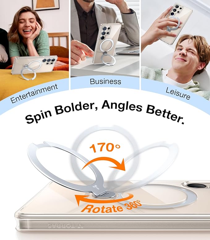 TORRAS 360° Spin Magnetic Stand for Samsung Galaxy S25 Ultra Case, Fit for Magsafe, Military Grade Slim Hard PC Protective S25 Ultra Clear Case with Kickstand & Ring Holder, Ostand Spin, Clear