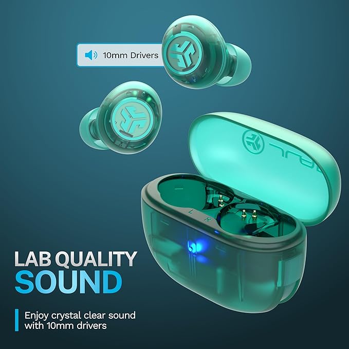 JLab Go Pop ANC True Wireless Earbuds & Charging Case, Transparent Teal, Active Noise Cancelling, 10mm Drivers, Dual Connect, Customize Your Sound with App, Be Aware Mode, MEMS Microphone