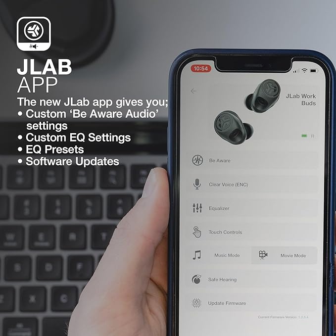 JLab Work Buds in-Ear True Wireless Headset with Detachable Noise-Canceling Boom Mic, Black, Long 55+ Total Hours Playtime, Bluetooth Multipoint, USB-C Charging Dock