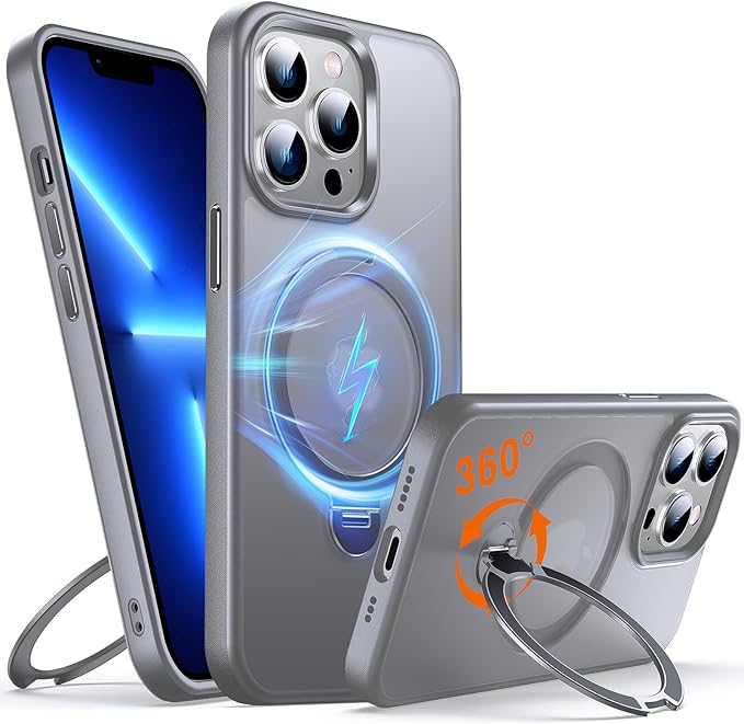360° O-Ring MagStander for iPhone 13 Pro Case with Magnetic Kickstand Ring Holder [Compatible with MagSafe][360°Rotate Stand Ring][Military Shockproof] iPhone 13 Pro Phone Cover Matte Grey