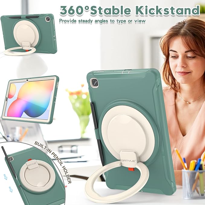 BATYUE Case for Samsung Galaxy Tab S6 Lite 10.4 Inch 2024/2022/2020 (SM-P610/P613/P615/P619/P620/P625/P627), Protective Rugged Cover with Stand, for Kids, Boys, Girls, Emerald Green