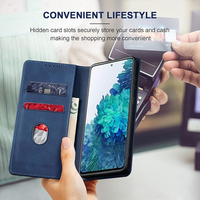 Jasonyu Flip Wallet Case for Samsung Galaxy S20 FE 5G,Leather Magnetic Folio Cover with Card Holder,Kickstand - TPU Shockproof Durable Protective Phone Case,Blue