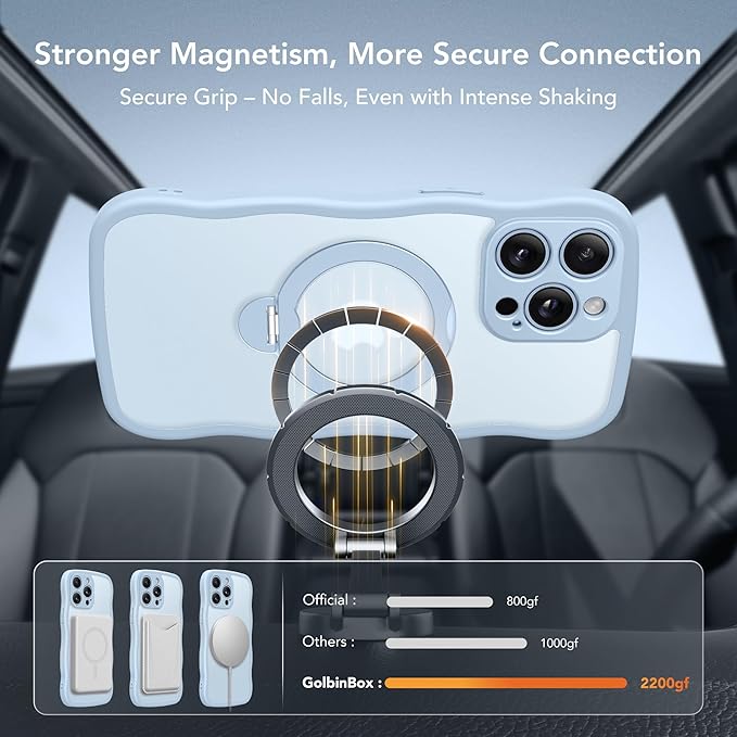 GolbinBox for iPhone 13 Pro Case for Women,[Compatible with Magsafe][360° Spin Magnetic Stand][Cute Wave Edge][Military-Grade Protection] Translucent Matte Phone Case for iPhone 13 Pro, Baby Blue