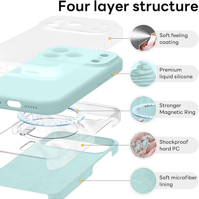 Vooii Magnetic Compatible with iPhone 17 Pro Case (Compatible with Magsafe) (Upgraded Camera Protection) Liquid Silicone Shockproof Full Body Protective Phone Cover for Women Men, Mint, 6.3”