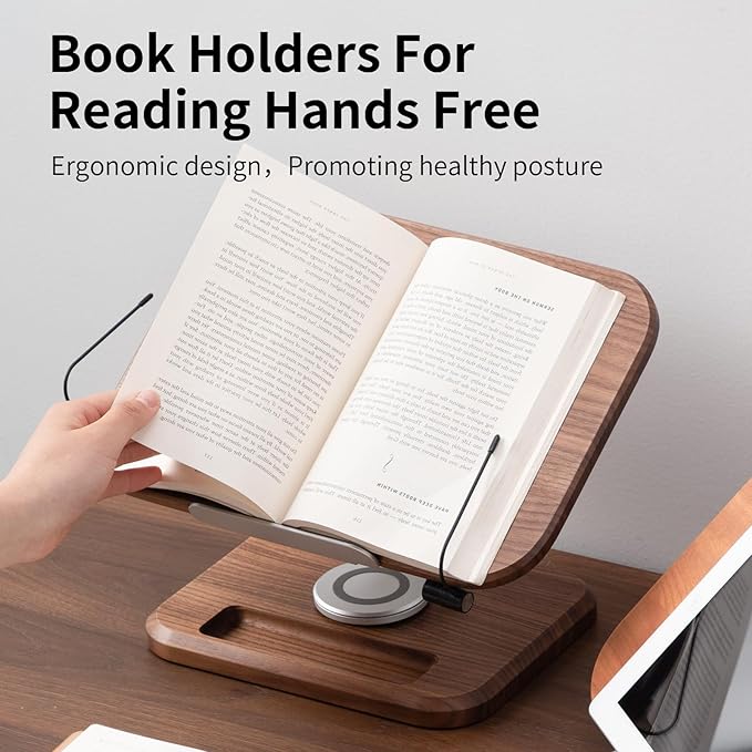 Book Stand for Reading, Mayhas Adjustable Book Holder with 360° Swivel Base&Page Clips, Foldable Desktop Stand for Cookbook, Fits All Books (Walnut, Wood Base)