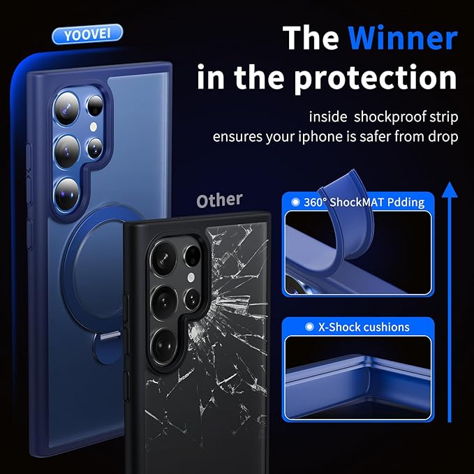 for Samsung Galaxy S23 Ultra Case,Compatible with Magsafe [Wireless Charging],with 360°Rotatable Magnetic Ring Stand,Matte Translucent Slim Soft Edge Phone Kickstand,Blue