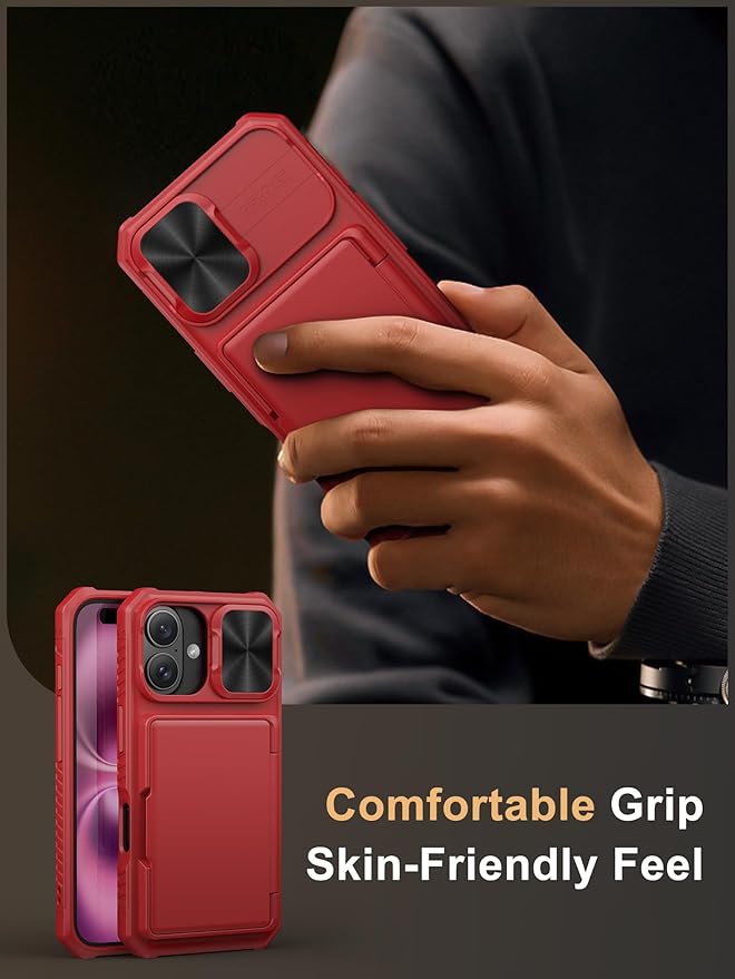 Vihibii for iPhone 16 Wallet Case with Card Holder (4 Cards) [RFID Blocking] & Slide Camera Cover & Raised Edges Protect Screen, Shockproof Rugged Phone Cover for iPhone 16 6.1" 2024, Red
