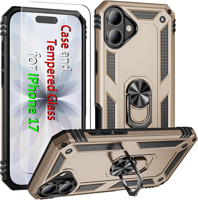 ADDIT Compatible with iPhone 17 Case with Tempered Glass Screen Protector, Adjustable Kickstand Ring, Military-Grade Heavy Duty Protection, Shockproof, Anti-Fingerprint,Gold