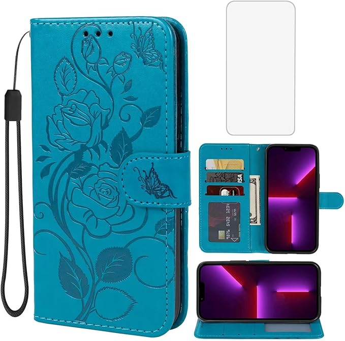 Case for iPhone 13 Case, iPhone 14 Wallet Case with Tempered Glass Screen Protector, Flower Leather Flip Credit Card Holder Stand Phone Cover Cases for iPhone 14 Blue
