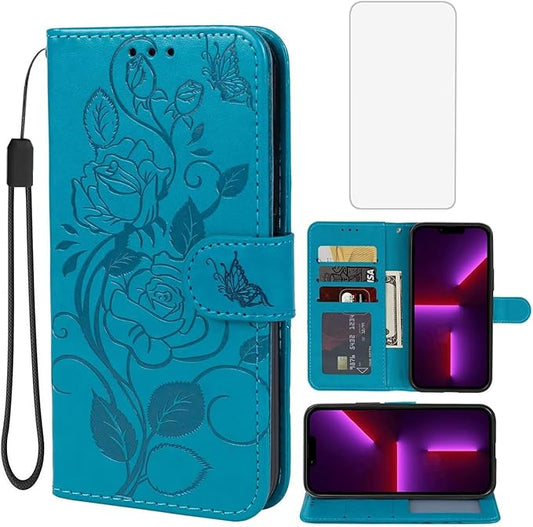 Case for iPhone 13 Case, iPhone 14 Wallet Case with Tempered Glass Screen Protector, Flower Leather Flip Credit Card Holder Stand Phone Cover Cases for iPhone 14 Blue