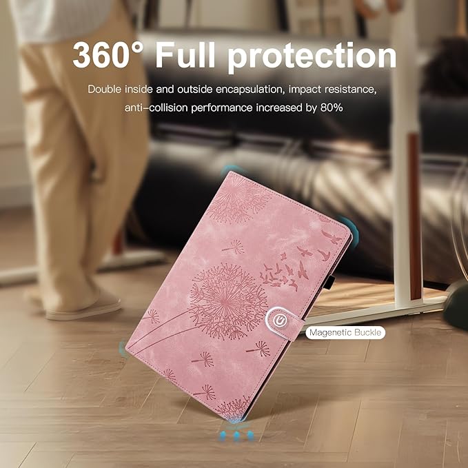 Dandelion Cover for Galaxy Tab A9 Plus Case (SM-X210/X216/X218, 11 Inch 5G), Artsy Design, Premium Faux Leather Made, Card Slots, Kickstand, Rosegold