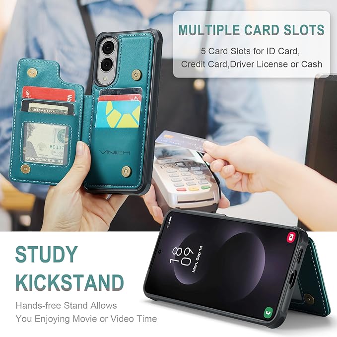 Vinich for Samsung Galaxy S25 Edge Wallet Case with Card Holder, RFID Blocking Credit Slots Kickstand Shockproof Phone Cover for Women Men, Bluish Green