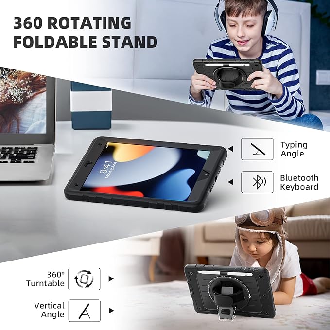 Case for iPad 9th/8th/7th Generation-Built-in Screen Protector,with Pencil Holder&360°Rotating Hand Strap,Shoulder Strap,Case for iPad 10.2 inch 2021-2019(Black)