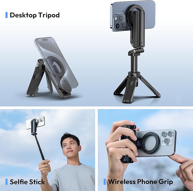 ULANZI JJ03 Magnetic Tripod for Phone with Remote Control, 3-in-1 Selfie Stick Handle Grip 360° Rotation Extendable Stand for iPhone Android Phones, for iPhone 17 16 15 14 13 12 Series