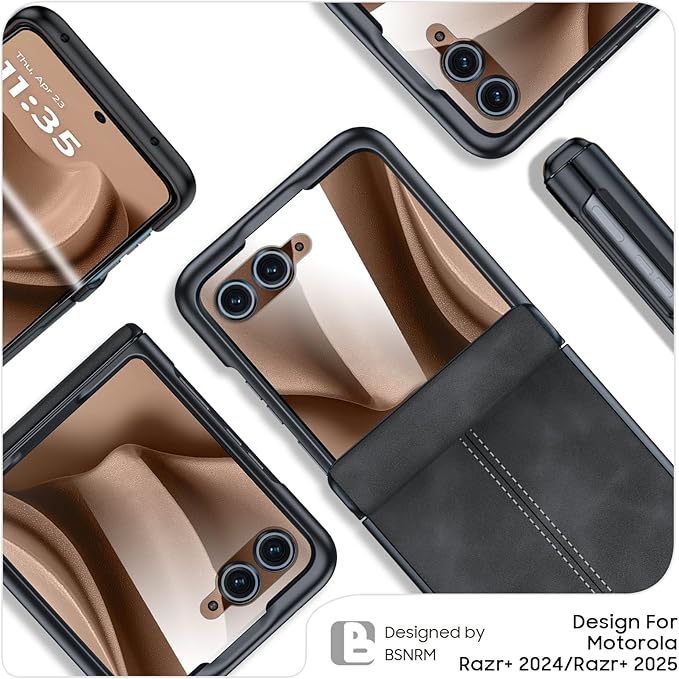 for Motorola Razr+ Plus 2025 Case/Razr+ Plus 2024 Case, Built-in Privacy Screen Protector & Hinge Protection & Ultra Thin Leather PC Shockproof Phone Case for Moto Razr+ 2025/Razr+ 2024 (Black)