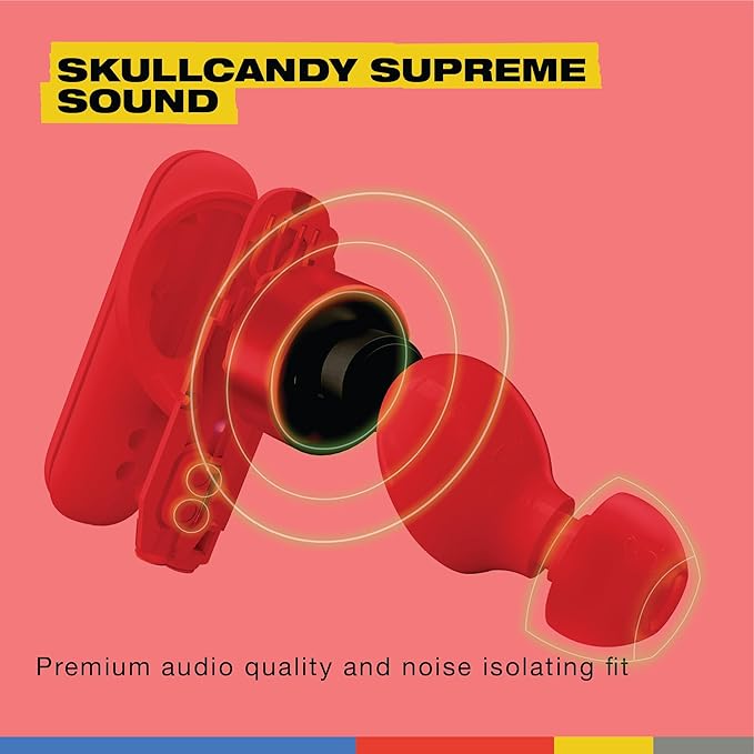Skullcandy Smokin’ Buds Wireless Earbuds, Bluetooth Headphones, Noise Isolating Fit, Up to 20 Hours Battery, IPX4 Sweat and Water Resistant, Microphone for iPhone Android - Flame