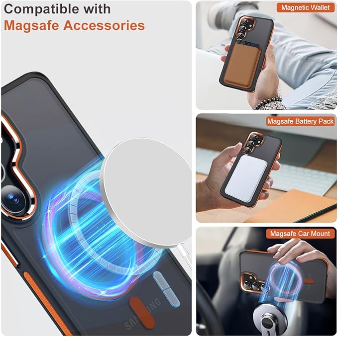 Magneic for Samsung Galaxy S25 Plus/S25+ Case Compatible with Magsafe, [Drop Protection] & [Anti-Slip Edge] S25 Plus Phone Case, Stylish Matte Translucent Galaxy S25+ Cover (Black/Orange)