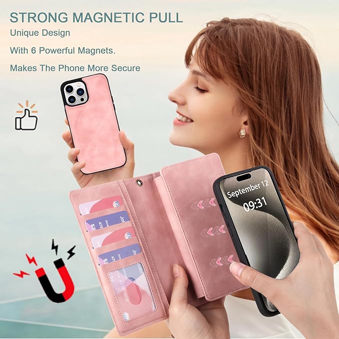 TwoHead Wallet Case Compatible with iPhone 15 Pro,Detachable Magnetic Phone Case,All-Round Protective Leather Phone Case with Card Holder,6.1",Pink