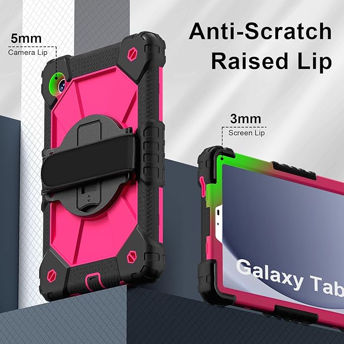 for Samsung Galaxy Tab A9 Case 8.7 inch (SM-X110/X115/X117), Heavy Duty Shockproof Silicone Cover Rugged 360 Stand Hand Shoulder Strap for Galaxy A9 Tablet, Black/Rose Red
