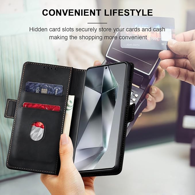 Jasonyu Flip Wallet Case for Samsung S24 Ultra 5G,Leather Magnetic Folio Cover with Card Holder,Kickstand - TPU Shockproof Durable Protective Phone Case,Black