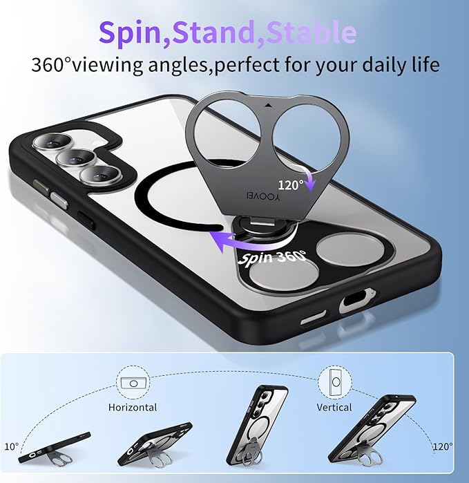 for Samsung Galaxy S24+ (Plus) Case Clear with Ring Holder,Kickstand 360°Rotatable Invisible Magnetic Built-in Stand [Compatible with MagSafe] [Drop Protection] Slim Soft Edge Cover,Black