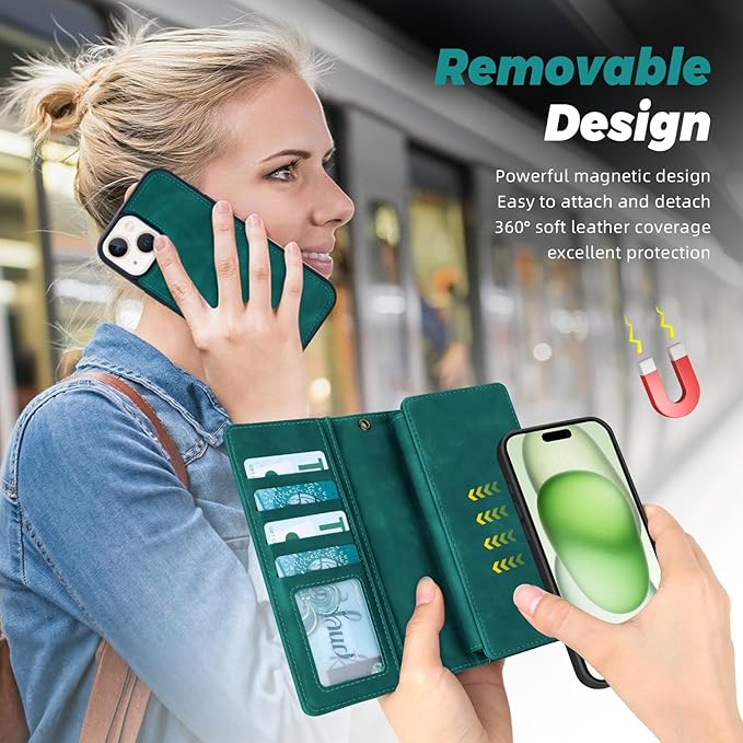 TwoHead Wallet Case Compatible with iPhone 15 Plus,Detachable Magnetic Phone Case,All-Round Shockproof Protective Leather Phone Case with Card Holder,6.7 in,Green