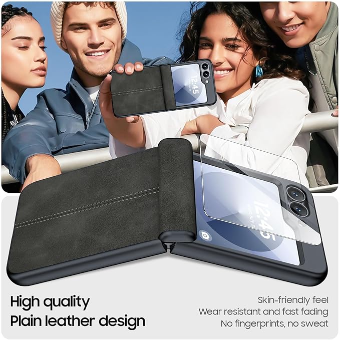 for Samsung Galaxy Z Flip 6 Case/Z Flip 7 FE Case with Hinge Protection & Built-in Screen Protector, Ultra Thin Leather Shockproof Cover Phone Case for Galaxy Z Flip 6/Z Flip 7 FE-Black Gary